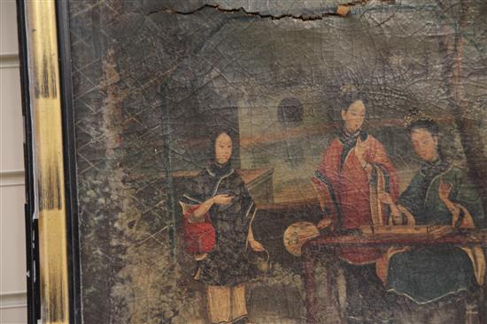 19th century Chinese School Courtiers playing a board game in a garden, 20 x 24.5in., canvas torn